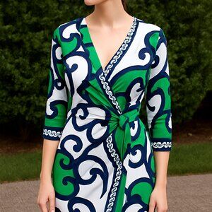 Dressbarn Green Blue & White Swirl Print Wrap Dress - Size 10 #518